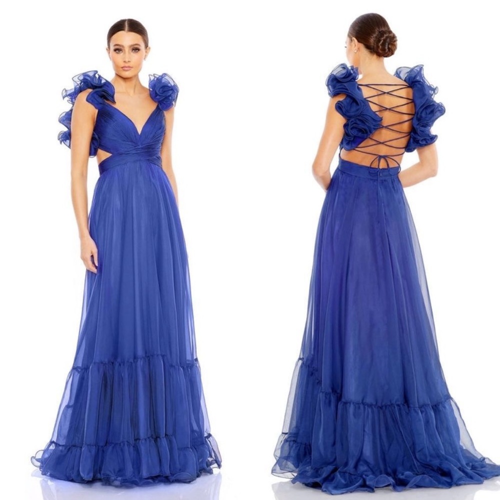 MAC DUGGAL RUFFLE TIERED CUTOUT CHIFFON GOWN